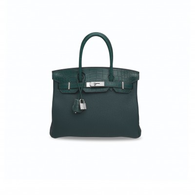HERMÈS MASTER BIRKIN 25 CROCODILE AND TOGO LEATHER CYPRESS GREEN SILVER BUCKLE H076216CK26 (25*20*13cm)